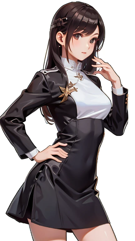 Practical, high resolution, Soft Light, 1 female, Solitary, Hips up, Black long hair, captain, jacket, shirt, skirt
