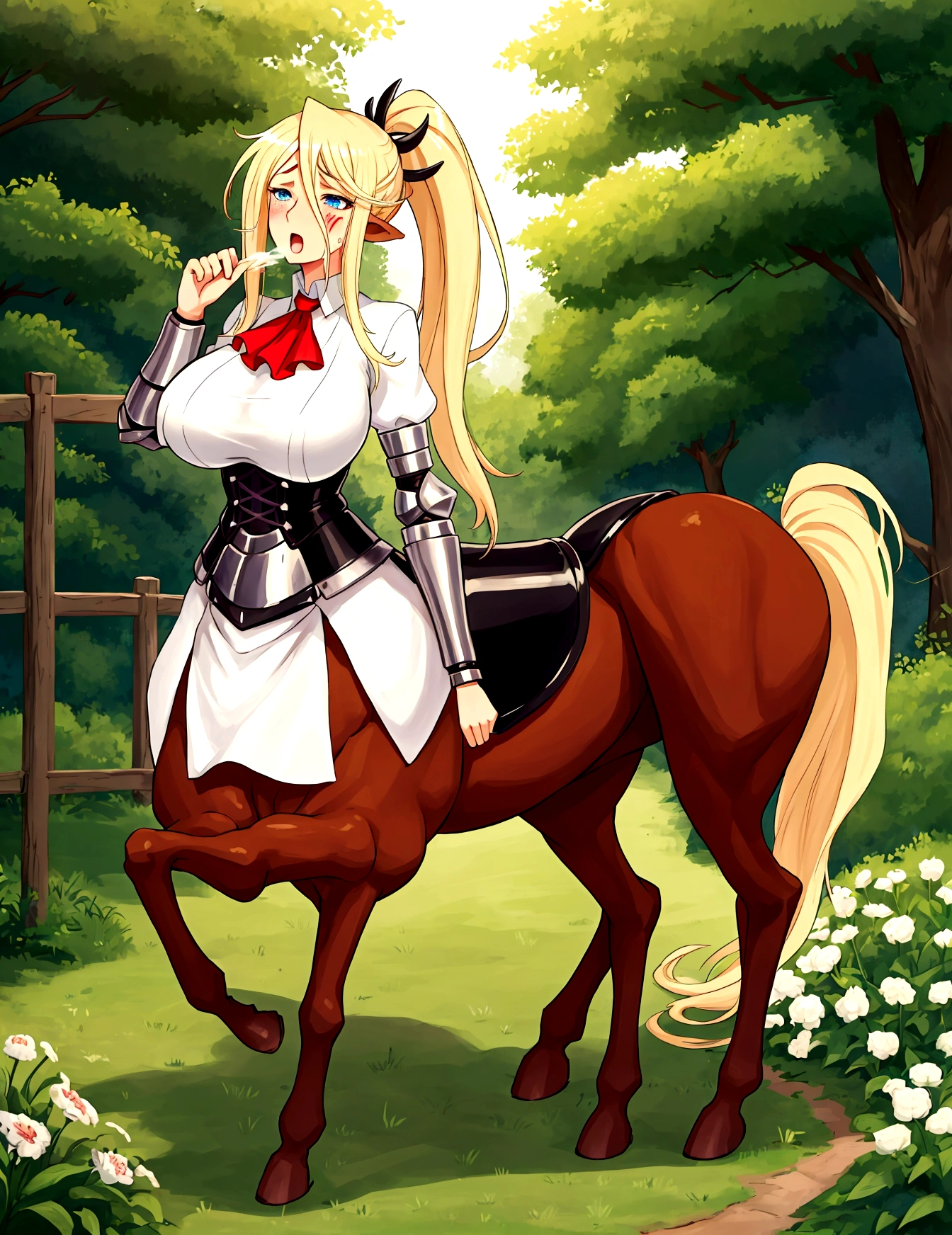 Anime centaur.1 girl. cutie. centaur girl, Half man. monster girl. centaur. Girl - horse. blonde. long hair. hair ornament. Her hair is pulled back into a high ponytail.. Blue eyes. Beautiful eyes. Perfect eyes. expressive eyes. perfect face. face, about to sneeze sneezing face. Beautiful nose. Snotty nose. Long snot hanging from the nose after sneezing. 16 years. big breasts. beautiful breasts. girl knight. centaur knight. She is ill. She got sick. She has allergies. She has a runny nose. nasal mucus. She has snot. She wants to sneeze. She needs to sneeze. She has a strong, desperate urge to sneeze. She sneezes. She sneezes. Splashes of snot fly to the sides. Snot flows from the nose. She has her period. Her crotch is bleeding. in the middle of a forest. Ideal anatomical body. Lower body of a horse.. Horse slender legs. hooves instead of feet. white linen blouse. Light plate armor - corset. skirt. no panties. standing. full height. beautiful character design. shiny skin. whole body. NFS. official art. чрезвычайно подробные обои CG Unity 8k. perfect lighting. 4K ultra-high resolution. Super detailed 8K resolution. A high resolution.