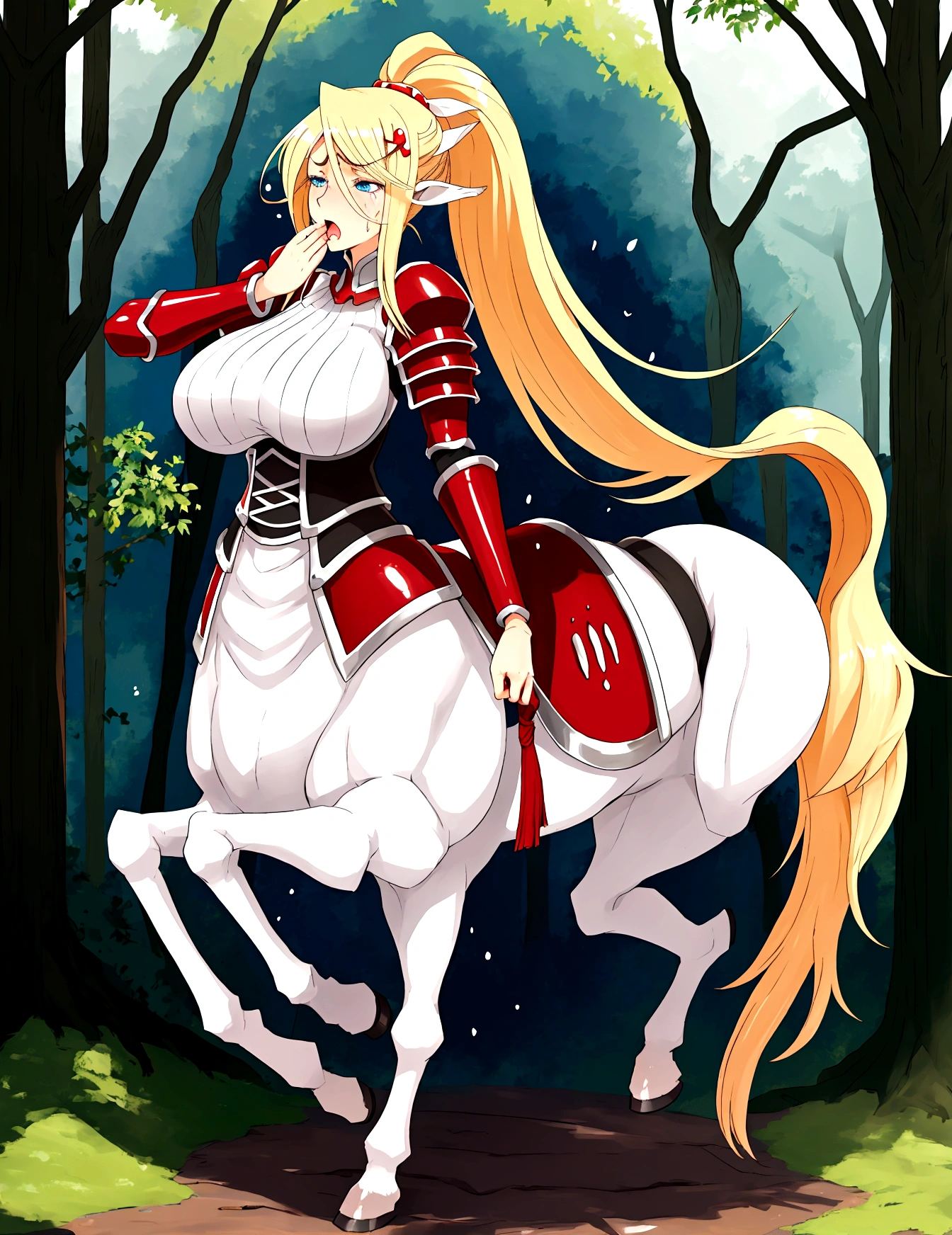 Anime centaur.1 girl. cutie. centaur girl, Half man. monster girl. centaur. Girl - horse. blonde. long hair. hair ornament. Her hair is pulled back into a high ponytail.. Blue eyes. Beautiful eyes. Perfect eyes. expressive eyes. perfect face. face, about to sneeze sneezing face. Beautiful nose. Snotty nose. Long snot hanging from the nose after sneezing. 16 years. big breasts. beautiful breasts. girl knight. centaur knight. She is ill. She got sick. She has allergies. She has a runny nose. nasal mucus. She has snot. She wants to sneeze. She needs to sneeze. She has a strong, desperate urge to sneeze. She sneezes. She sneezes. Splashes of snot fly to the sides. Snot flows from the nose. She has her period. Her crotch is bleeding. in the middle of a forest. Ideal anatomical body. Lower body of a horse.. Horse slender legs. hooves instead of feet. white linen blouse. Light plate armor - corset. skirt. no panties. standing. full height. beautiful character design. shiny skin. whole body. NFS. official art. чрезвычайно подробные обои CG Unity 8k. perfect lighting. 4K ultra-high resolution. Super detailed 8K resolution. A high resolution.