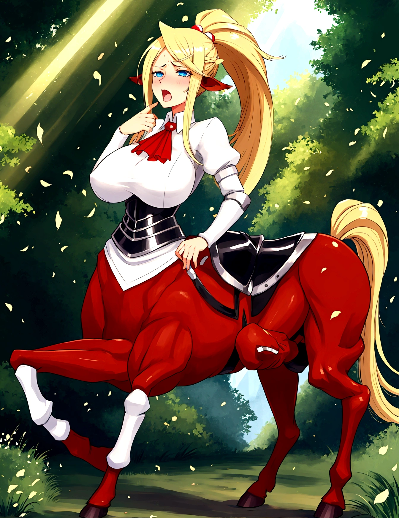 Anime centaur.1 girl. cutie. centaur girl, Half man. monster girl. centaur. Girl - horse. blonde. long hair. hair ornament. Her hair is pulled back into a high ponytail.. Blue eyes. Beautiful eyes. Perfect eyes. expressive eyes. perfect face. face, about to sneeze sneezing face. Beautiful nose. Snotty nose. Long snot hanging from the nose after sneezing. s. big breiful breasts. girl knigtaur knight. She is ill. She got sick. She has allergies. She has a runny nose. nasal mucus. She has snot. She wants to sneeze. She needs to sneeze. She has a strong, desperate urge to sneeze. She sneezes. She sneezes. Splashes of snot fly to the sides. Snot flows from the nose. She has her period. Her crotch is bleeding. in the middle of a forest. Ideal anatomical body. Lower body of a horse.. Horse slender legs. hooves instead of feet. white linen blouse. Light plate armor - corset. skirt. no panties. standing. full hbeautiful character design. shiny skin. whole body. NFS. official art. чрезвычайно подробные обои CG Unity 8k. perfect lighting. 4K ultra-high resolution. Super detailed 8K resolution. A high resolution.