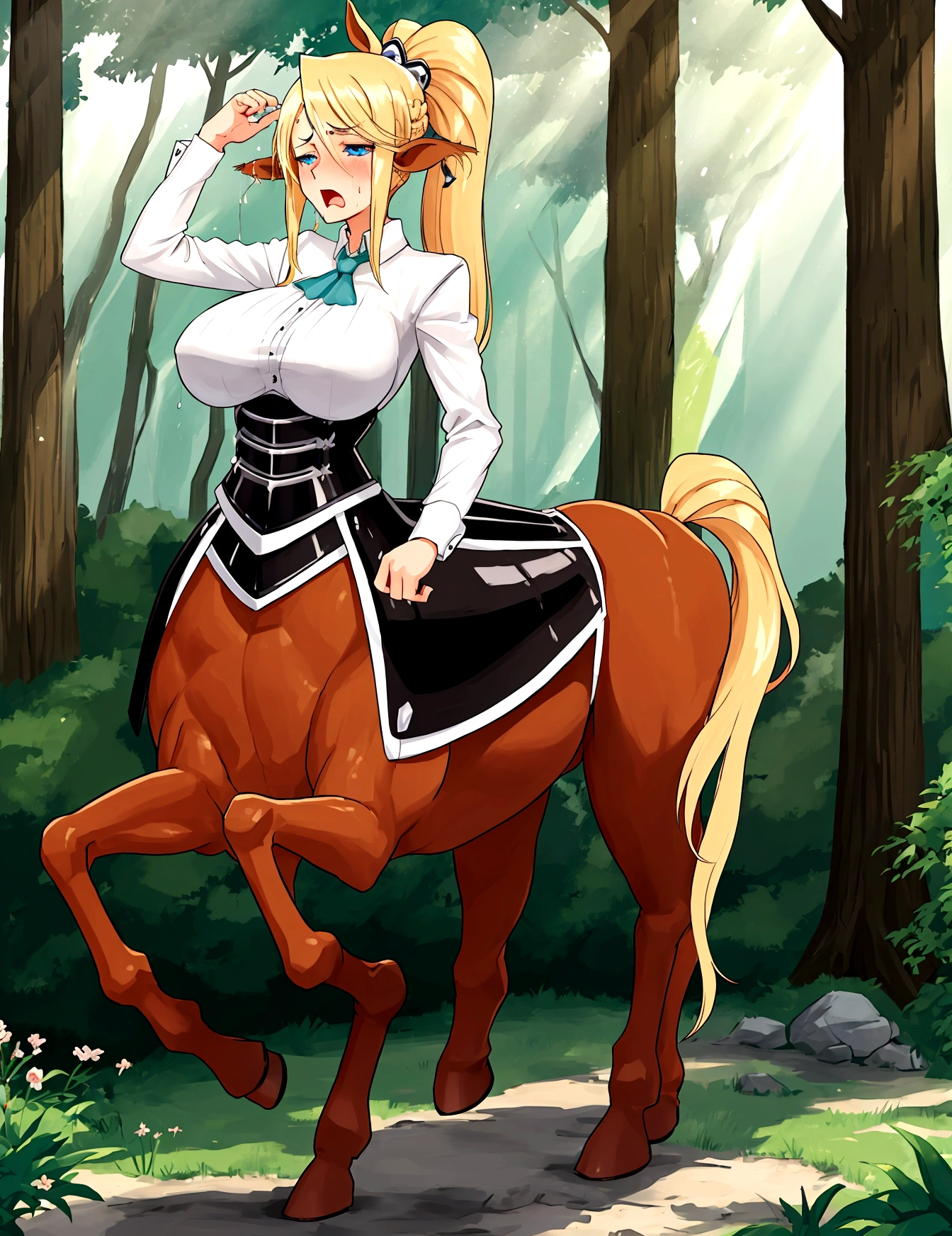 Anime.1 Girl. Lovely girl. . . . Monster girl. Centaur. Clumsy. Blonde. Long hair. Blue eyes. Beautiful eyes. Perfect eyes. Expressive eyes. Ideal face. 12 yall breasts. Flat chest. Ideal anatomical body. Nude body. The upper half of the body is human. Below the waist - horse. Horse body. Horse legs. Horse tails Cold. Runny nose. Snot flows from the nose. Wants to sneeze. I have to sneeze. Violent, desperate desire to sneeze. She is reading. Covers his nose with his hands. Jansai handkerchief. Blows his nose. Standing. Standing at full height. Standing in the forest. Standing in the middle of the forest. Beautiful character design. Shiny skin. Full body. nsfw. Scat. Official art. Extremely detailed CG Unity 8k wallpaper. Ideal lighting. Ultra high resolution 4K. Super detailed 8K. A high resolution.