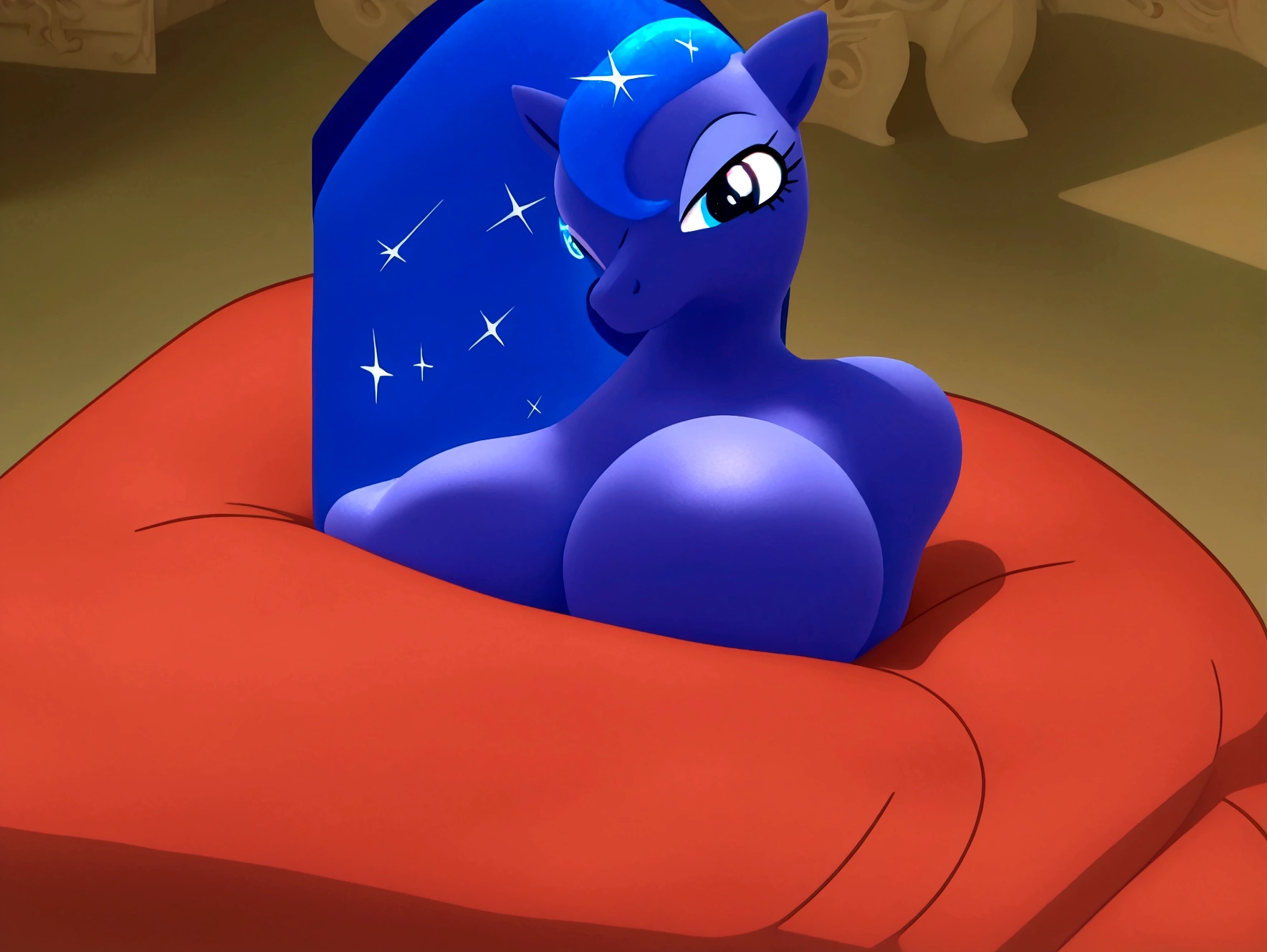 there is a cartoon picture of a pony with a blue dress, anthropomorphic mare, smooth blue skin, neon hooves, with blue skin, obsidian hooves, changelingcore, aura of magic around her, fun pose, blue shiny eyes, sun behind her, mlp, bust, mlp fanart, bottom angle, lunging at camera :4