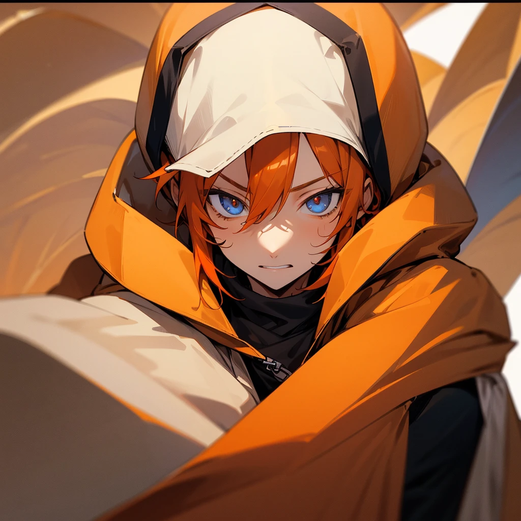 Male gender 
 Eyes: orange 
 Hair: short almost white 
 Age: adult
 Skin: brown. 
 Location: desert 
 Clothing: black sweatshirt with hood up
 Expression: mischievous.
 Image type: Only the face can be seen.  Let it be just one person, not two.