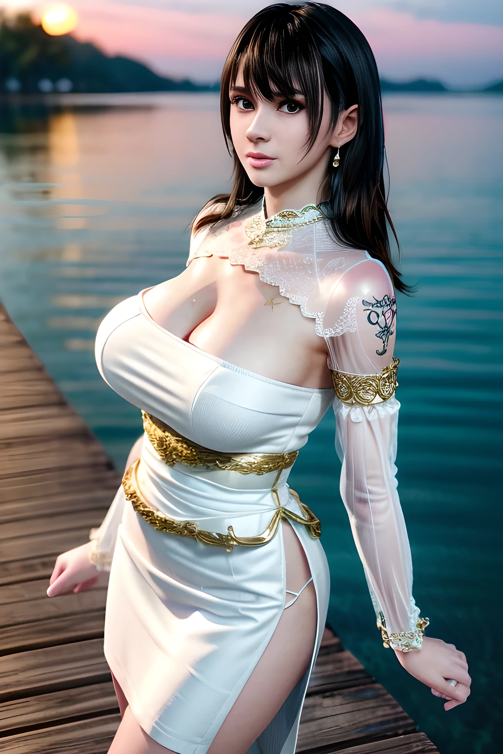 1 girl,At sunset, the warm sunlight adds a golden hue to the scene. Wearing a flowing (white dress with transparent sleeves and a cinched waist: 1.4), blown by the breeze, and wearing earrings, she stands on the dock and looks at the sunset in the distance. The water is calm, with soft ripples, and the outline of the distant coastline can be vaguely seen in the background,,open lips,charming smile,((huge breasts), shiny skin,Detailed hair,(tattooed:1.2),((8k, RAW photos, top quality, masterpieces)), high-definition RAW color photos professional photos, (realistic, photorealism: 1.37), (highest quality), (best shadows), ( ultra high resolution, high-definition CG unified 8K wallpapers, physically based rendering, movie lighting),Nanami