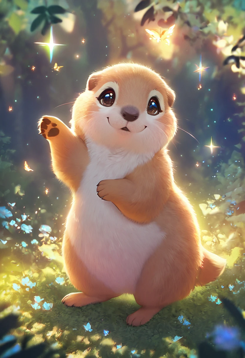 best quality, masterpiece, cute and chunky prairie dog, cute pose, fantasy forest world, gentle sparkling image effects