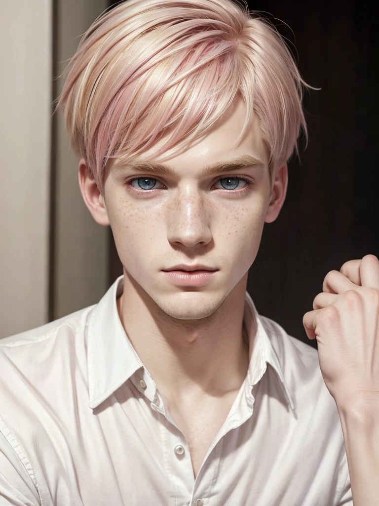 (best quality), 1boy, Male, pale skin, colored inner hair, blonde hair, pink hair, short hair, double-parted bangs, hazel eyes, perfect eyes, freckles, fully clothed, masterpiece, anatomically correct, highres