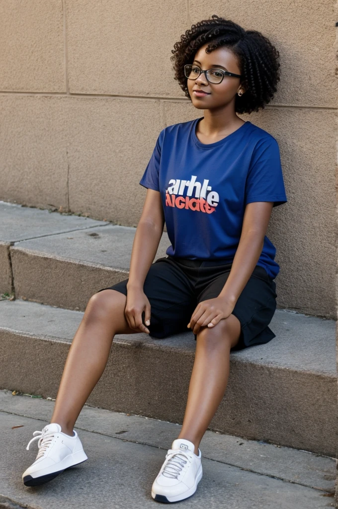 A 19 years old healthy girl with short curly hair wearing sneakers bright skin but no too much wire glasses 5 feet 3-in height