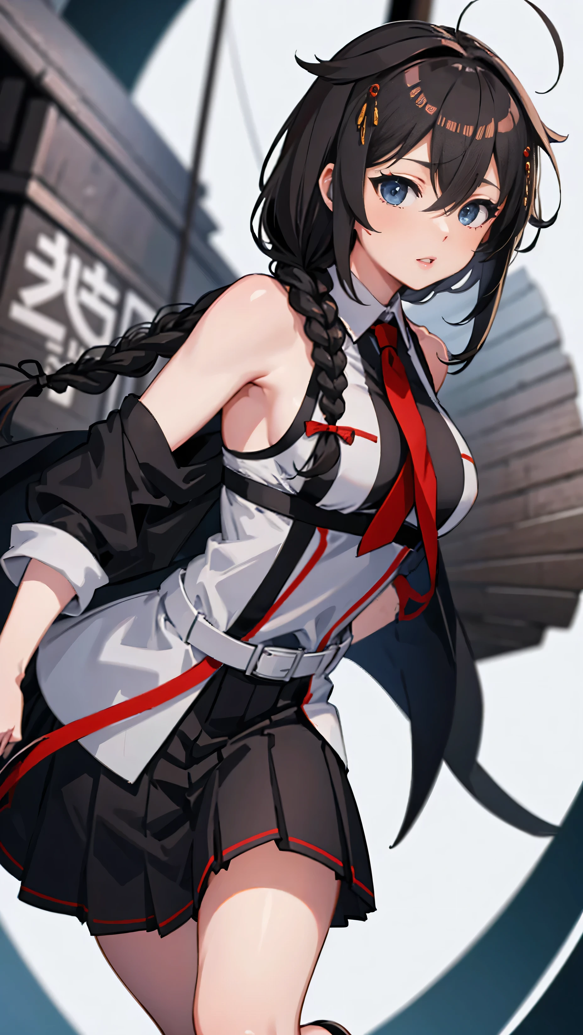 Shigure Kai 3 KanColle Sleeveless Black Thimble Gloves Blackslit Skirt Braid 8K High Resolution Very Fine Eyes Very Fine Face、Insanely detailed body、Extremely fine skin, very elaborate hair ornament, Precisely sculpted body and hand 1 person hotel room