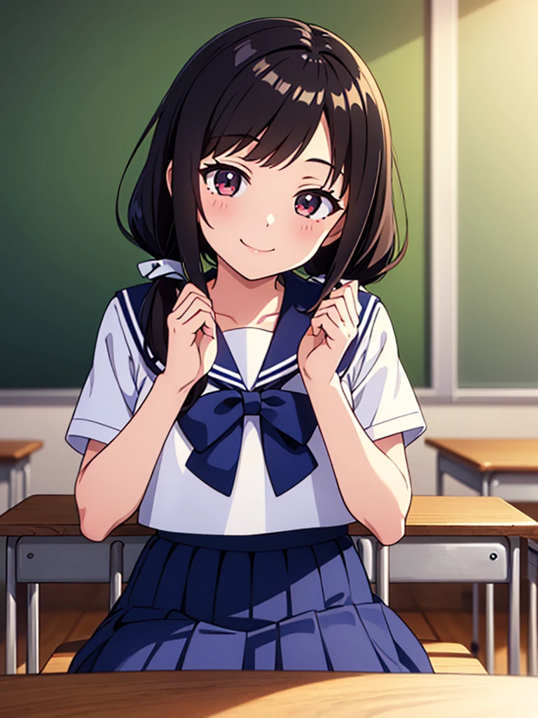 1girl, sitting, (join palms together), own hands together, praying, bend wrist, head tilt, smile, yo,
classroom, indoors, school chair, school desk, (low twintails girl), low pigtails, hair ribbon  white, very long black hair,
white serafuku with blue ribbon, navy-blue collar, navy-blue skirt,
(dark brown eye), afternoon, summer,
school,
(from front:1.4), upper body,
anime, high brightness, detailed face, detailed eyes,
(high quality, ultra detailed, masterpiece, FHD)