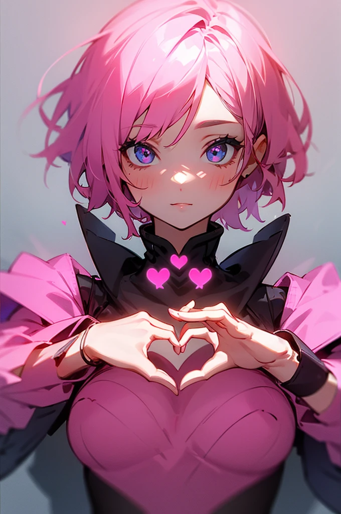A girl with short pink hair making a heart with her hands