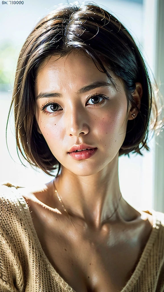 (masterpiece:1.3), (8k, photorealistic, RAW photo, best quality: 1.4), (1girl), beautiful face, (realistic face), (black hair, short hair:1.3), beautiful hairstyle, realistic eyes, beautiful detailed eyes, (realistic skin), beautiful skin, (sweater), absurdres, attractive, ultra high res, ultra realistic, highly detailed, golden ratio