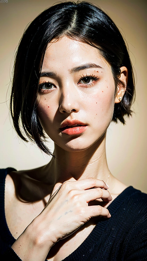 (masterpiece:1.3), (8k, photorealistic, RAW photo, best quality: 1.4), (1girl), beautiful face, (realistic face), (black hair, short hair:1.3), beautiful hairstyle, realistic eyes, beautiful detailed eyes, (realistic skin), beautiful skin, (sweater), absurdres, attractive, ultra high res, ultra realistic, highly detailed, golden ratio