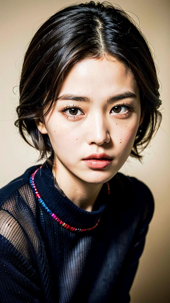 (masterpiece:1.3), (8k, photorealistic, RAW photo, best quality: 1.4), (1girl), beautiful face, (realistic face), (black hair, short hair:1.3), beautiful hairstyle, realistic eyes, beautiful detailed eyes, (realistic skin), beautiful skin, (sweater), absurdres, attractive, ultra high res, ultra realistic, highly detailed, golden ratio