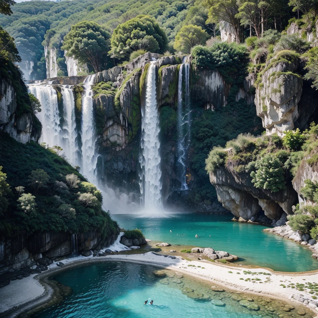 super real photo taken with a high speed camera, a dream landscape, super realistic details, unique details of the landscapemarble mountains, 500 meters highwaterfalls coming out of the marble mountains, trees around them, many gold stones and emeralds on the ground, image taken from the ground, river of crystal clear water flowing, in the sky macaws flying, cockatoos,