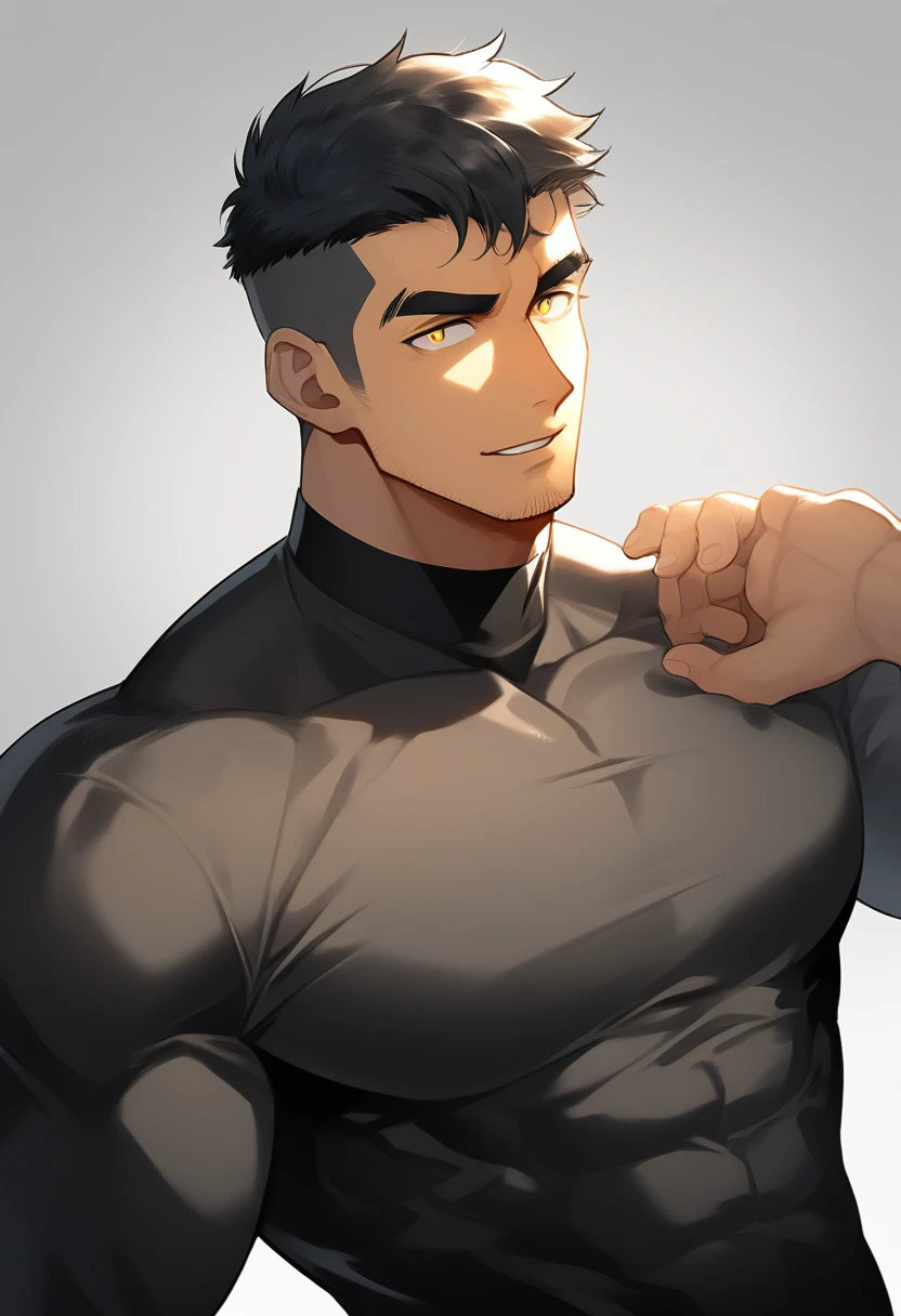 anime characters:Superhero in tights, negro black skin, He touches himself, Caress, Manliness, male focus, Yellow and black high collar long sleeve tight T-shirt, Slightly transparent material, Very tight, Round, full and perky chest muscles, Male dog waist, Slightly transparent, muscular male, muscular, only, Upper body, alone, Black short hair, Thick eyebrows, stubble, Yellow eyes, Grey background, simple background, amazing quality, best aesthetics, Ridiculous, bright pupils, crew cut, parted lips, seductive smile, torogao, naughty face, drop shadow, best quality