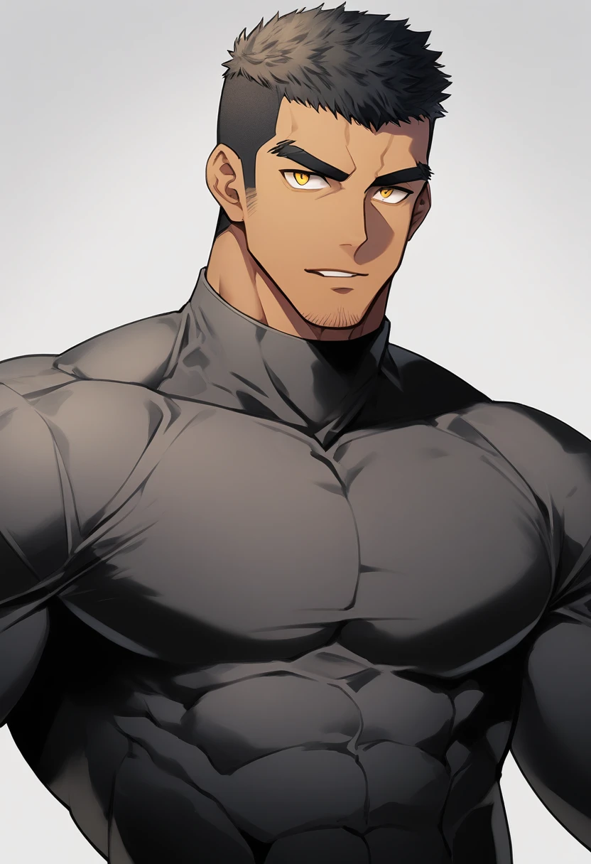 anime characters:Superhero in tights, negro black skin, He touches himself, Caress, Manliness, male focus, Yellow and black high collar long sleeve tight T-shirt, Slightly transparent material, Very tight, Round, full and perky chest muscles, Male dog waist, Slightly transparent, muscular male, muscular, only, Upper body, alone, Black short hair, Thick eyebrows, stubble, Yellow eyes, Grey background, simple background, amazing quality, best aesthetics, Ridiculous, bright pupils, crew cut, parted lips, seductive smile, torogao, naughty face, drop shadow, best quality