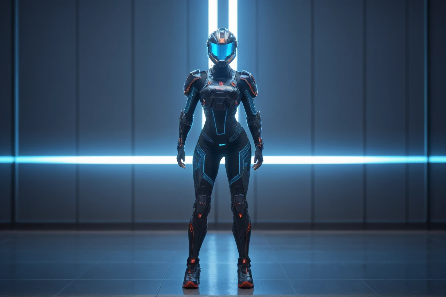 score_9, score_8_up, score_7_up,
full body, futuristic sci-fi portrait, highly detailed helmet with visor, light patterns, neon blue highlights, dark sleek surfaces, intricate textures, advanced technology, subtle reflections, imposing stance, mysterious aura, blurred urban background, bokeh lights, video game armor, movie concept art, advanced soldier, cybernetic character