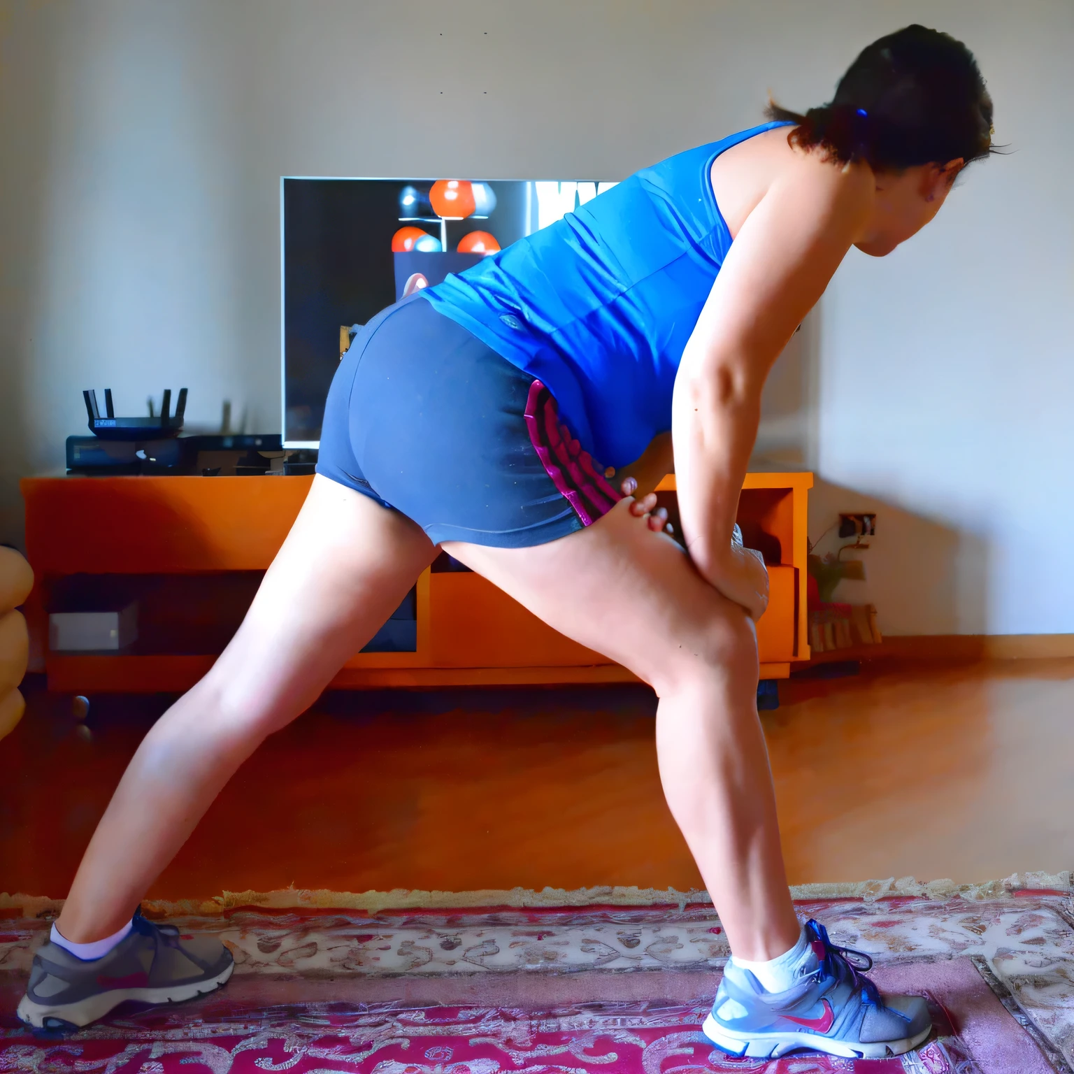 there is a woman in a blue shirt and blue shorts doing a squat, bent over posture, bent - over posture, leg and hip shot, hunched shoulders, lunging at camera :4, back arched, dynamic stretching, squatting pose, back - shot, side view of her taking steps, forward facing pose, doing splits and stretching