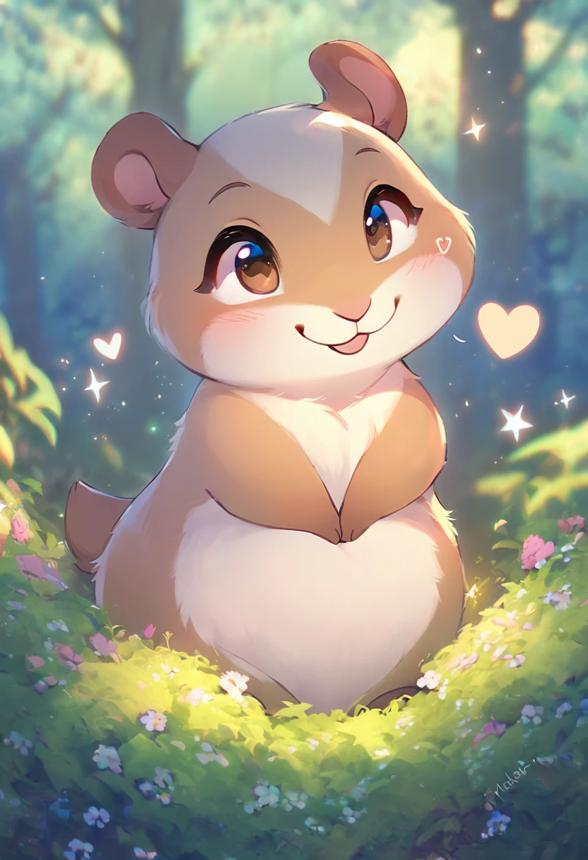 best quality, masterpiece, cute chunky prairie dog and cute chunky gray rabbit, friendship, fun, happiness, smile, fluffy, heart shape, heart mark, cute pose, fantasy forest world, gentle sparkling image effects