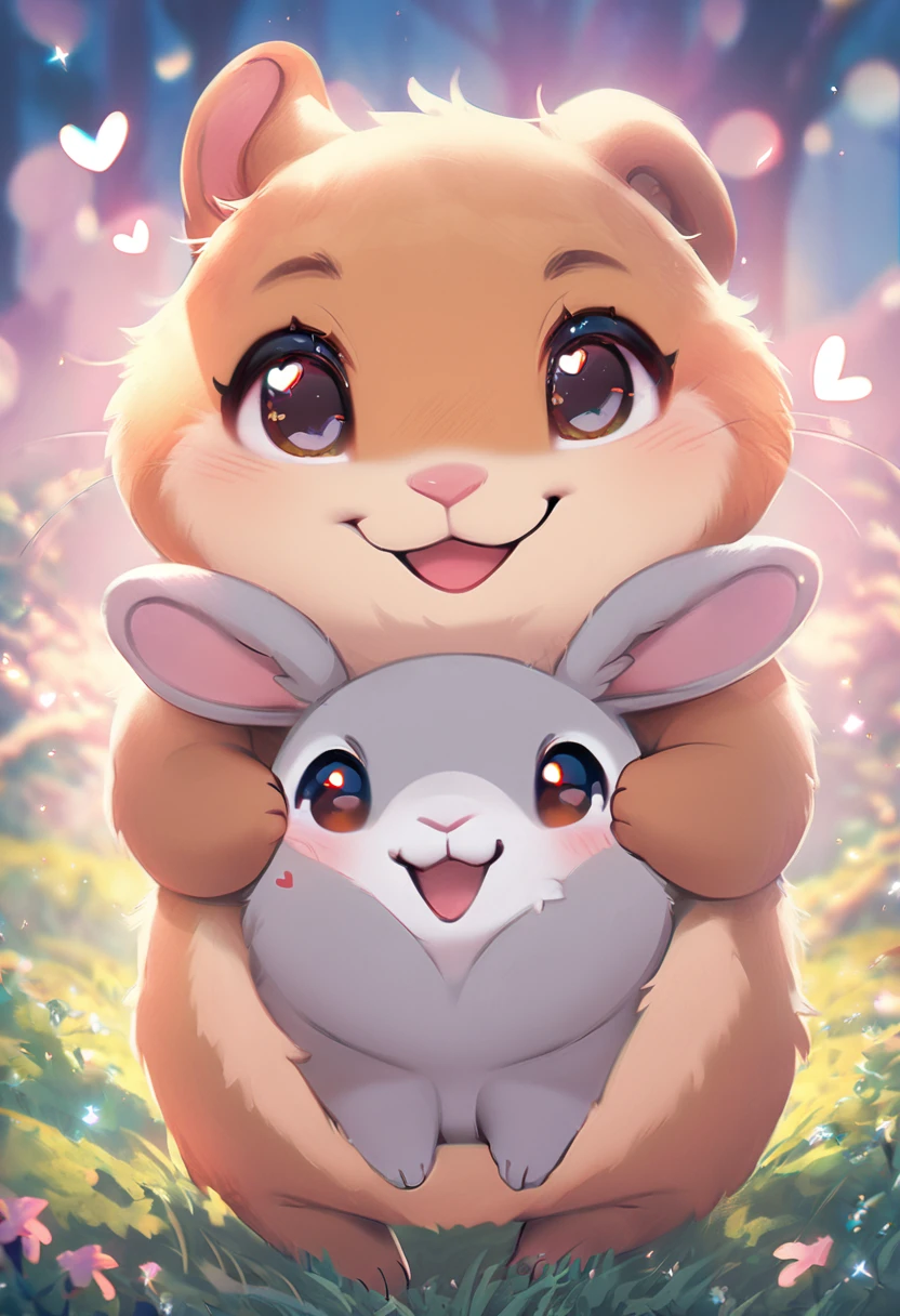 best quality, masterpiece, cute chunky prairie dog and cute chunky gray rabbit, friendship, fun, happiness, smile, fluffy, heart shape, heart mark, cute pose, fantasy forest world, gentle sparkling image effects