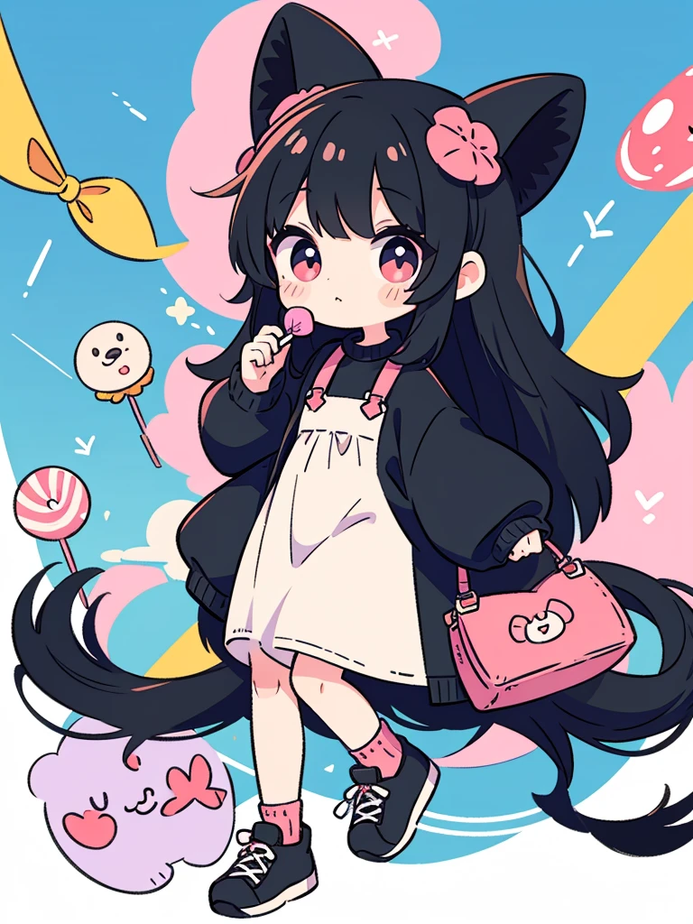 Chibi character, cute, big eyes, female, long black hair, big clothes, holding a lollipop, candy