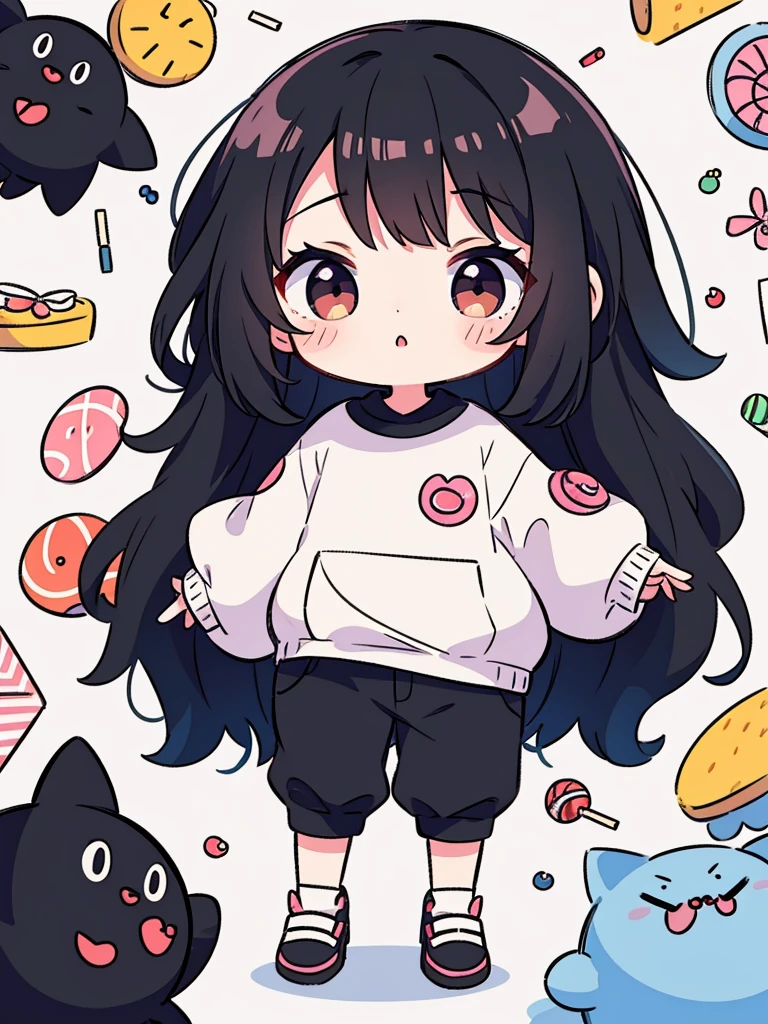 Chibi character, cute, big eyes, female, long black hair, big clothes, holding a lollipop, candy