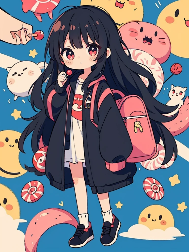 Chibi character, cute, big eyes, female, long black hair, big clothes, holding a lollipop, candy