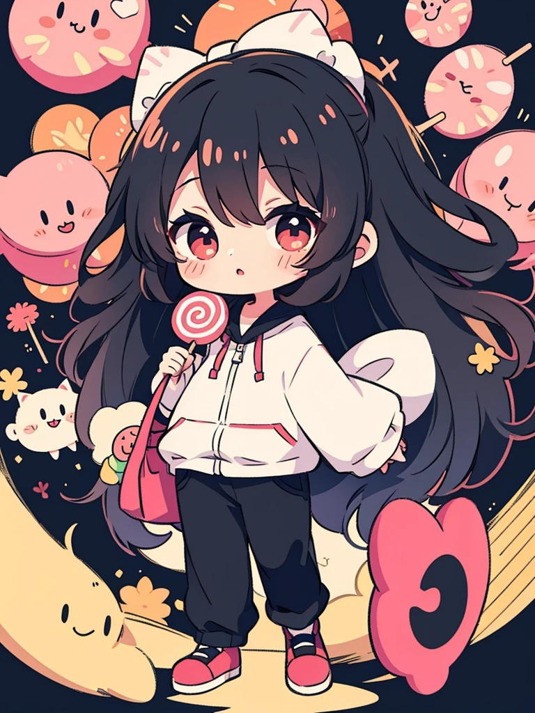 Chibi character, cute, big eyes, female, long black hair, big clothes, holding a lollipop, candy