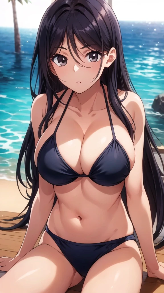 (cowboy shot:1.3),alone,Medium Shot,Outdoor,(Sandy Beach,Ocean:1.3),(leaning back:1.4),Lean back,masterpiece,Portraiture, 8K,Realistic, Elegant mature woman, Brown eyes,(:1.4),(Black Hair:1.4), smile,(Big Breasts:1.3),(Bikini Swimwear:1.4),Straight long hair, Beautiful breasts,(kneeling:1.3), 4K resolution, High quality CG, Beautiful CG, Soft Light,(Sitting),
