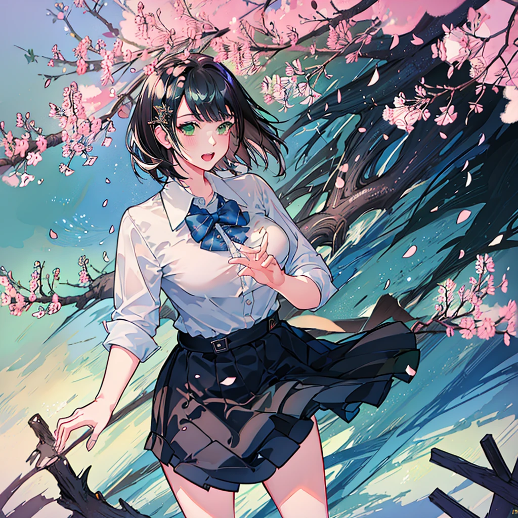 masterpiece, best quality, highres, ffnoel, short hair, x hair ornament, green eyes, blue bowtie, white shirt, collared shirt, black skirt, plaid skirt, pleated skirt, miniskirt, smile, outdoors, cherry blossoms, standing, cowboy shot, open mouth,