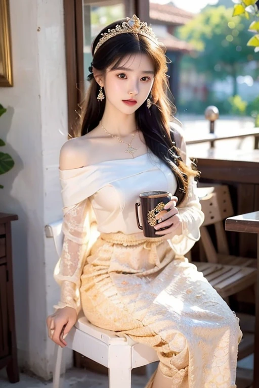 MMTD Burmese patterned traditional dress lady full body details, nice face, fair skin, traditional royal white dress, wearing Parel necklaces, traditional hair style,black dress, long scarf on shoulder, sitting on traditional style golden chair look like throne, traditional water jar , cup on tray on a classic table nearby, best composition, full view covered shot, cenimatic lightning and ultra realistic details, octane rendering, sharp focus, unreal engine,32k hd resolution, masterpiece of photography, prize winning award level picture, perfect anatomy။ black dress 3d Hd