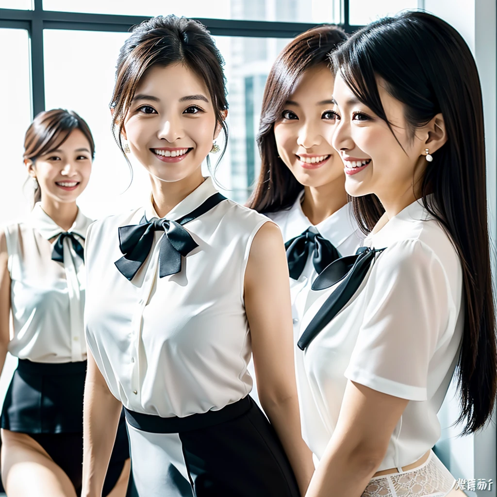 (A close-up photo of two beautiful Japanese office ladies), Everyone looking at the viewer, (All standing close together in a large office), (All smiling), Highest Resolution, masterpiece, (All wearing elegant formal white high-neck blouse, white bow-tie and panties), All wearing earrings, (exposing thigh)