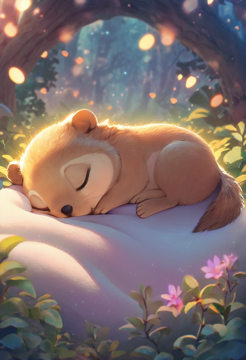 best quality, masterpiece, cute chunky prairie dog, sleeping, cute pose, fantasy forest world, gentle sparkling image effects