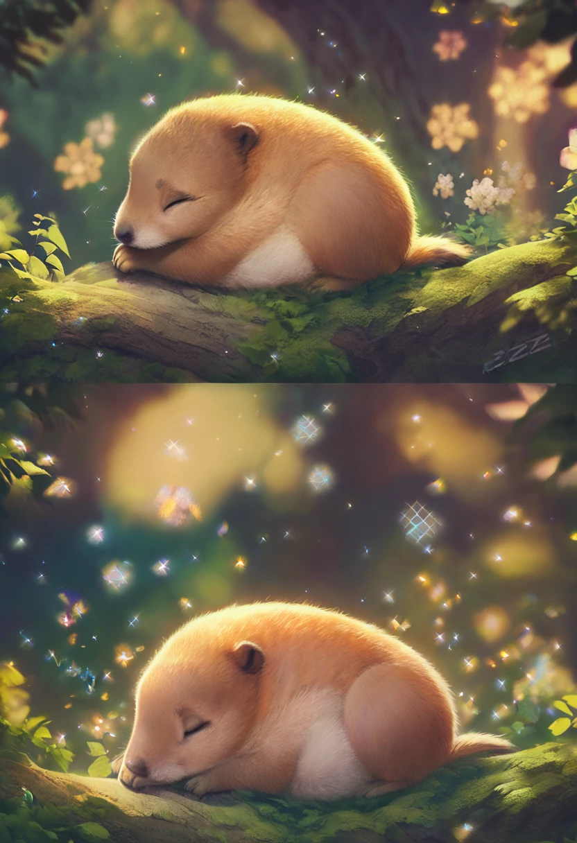 best quality, masterpiece, cute chunky prairie dog, sleeping, cute pose, fantasy forest world, gentle sparkling image effects
