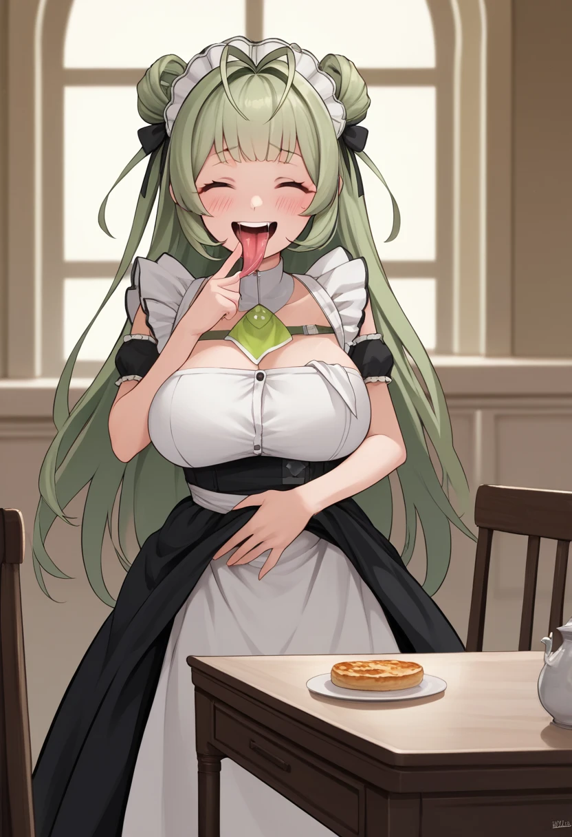 head on table, score_9, score_8_up, score_7_up, source_anime, BREAK 1girl, sdrnd, green hair, long hair, bangs, double bun, antenna hair, blush, , smile, shy, embarrassed, smile, , maid, mansion, room, looking down, from bellow, seductive smile, table, happy, very happy, open mouth, salivating, saliva, , tongue out, uvula, tongue, big mouth, large tongue, long tongue, , closed eyes, big breasts,  standing, dress lift, navel, hand on stomach side, on side,
