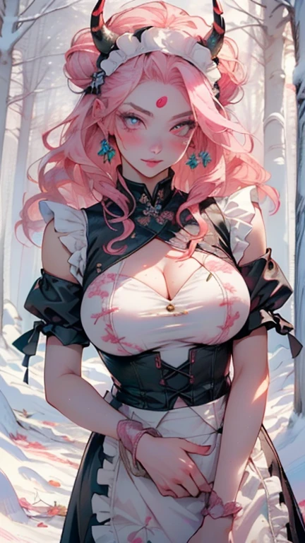 lamia from ancient Egypt,(((lamia,monster girl))),

(((pink_eye:1.3,red_student)),complex eye,beautiful detailed eye,symmetrical eye,((((pink horns,pink scale,scaly ,scale ,scaly skin)))),(Large Breasts:1.5),((((long pink hair,pink hair,colored inner hair)))),((((Porcelain-like skin,Pale skin,Shiny skin:1.5,Sunburned skin,Light Skin: 1.5,Sunburned skin,Shiny skin,very Shiny skin,Shiny body)))),(spider&#39;s underbelly,Tight waist,Wide Hips,Baby Bodysuit,Swollen legs,Thick thighs,),(((Detailed face))),

cute,Lewd,sensuous,Fascinating look,Fascinating,((erotic)),Gorgeous,Gorgeous,Longingly,(((Browsing Caution))),

((((Maid headdress,Maid,Maid clothing, Maid cloth)))),Revealing clothing,Show some skin,Cleavage,((Underbust)),(barefoot,),((impenetrable and beautiful Dragon Scale:1.4,Dragon Scale)),(((complex outfit,complex clothes,embroidered outfit,Glamorous costumes,embroidered clothes,Glamorous clothing))),

(Dynamic pose:1.0),Embarrassing,(centered,Scale to fit dimensions,Three-part method),

((snowy pink cherry forest:1.5,pink theme forest:1.5)),winter,scenery:1.25,((complex scenery)),((Snowy forest background)),Christmas tree,

(Glossy winter ornaments),High resolution,Sharp focus,(Super detailed,Very detailed),(Photorealistic artwork:1.37),(Very detailed CG unity 8k wallpaper),(((Vibrant colors,Vibrant Themes))),(complex),(masterpiece),(Highest quality),

Rainbow gradient eyes,Sparkling Eyes,Curly hair,Cleavage,Shoulder Bare。Stylish hairstyle,Stylish clothes,Twin bun hair,