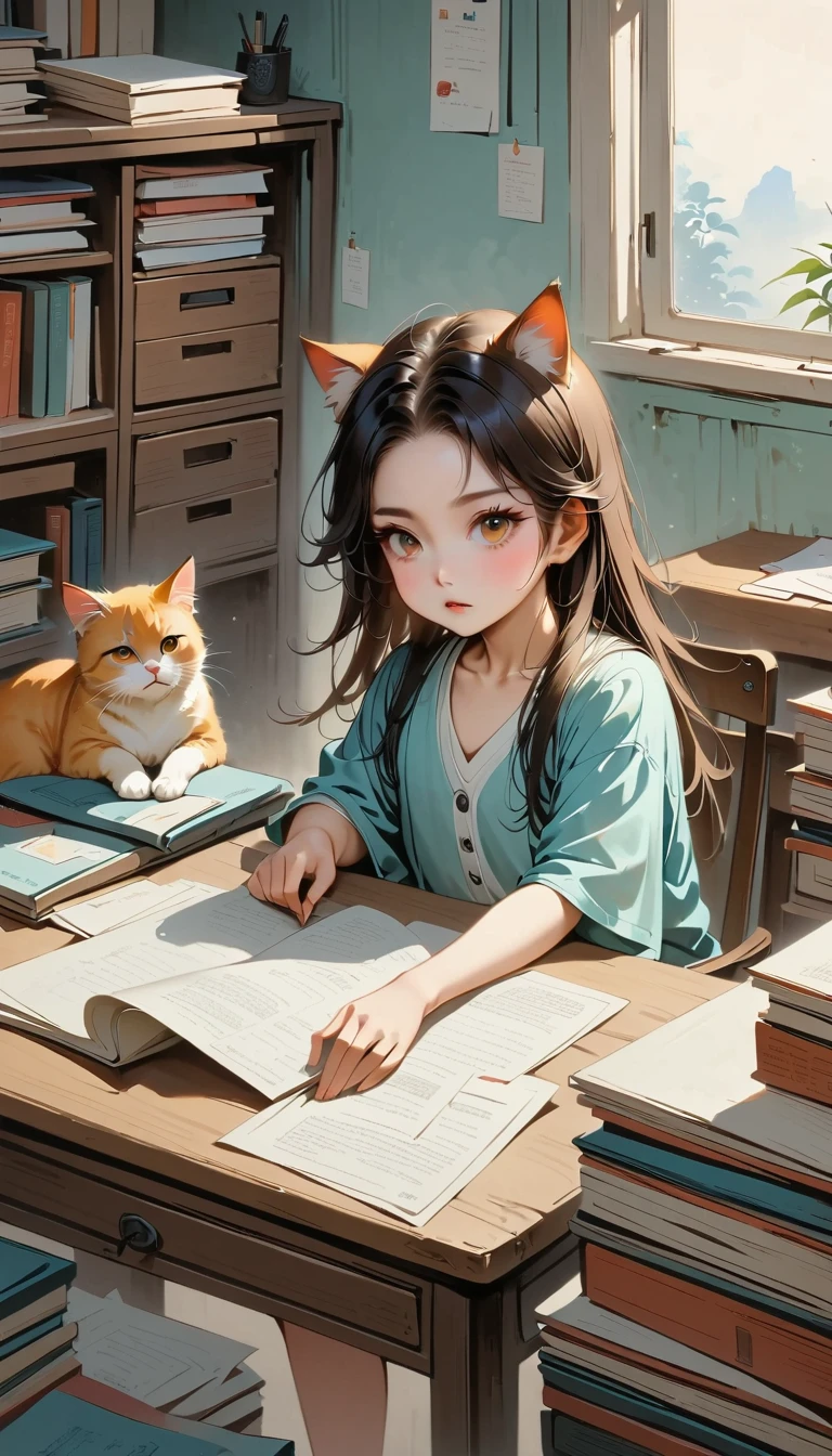 Young cat 5 years old, Orange cat, Wear, Listless, Sitting at a desk,There is a，A stack of documents， 8K, Highest quality, Maximum resolution