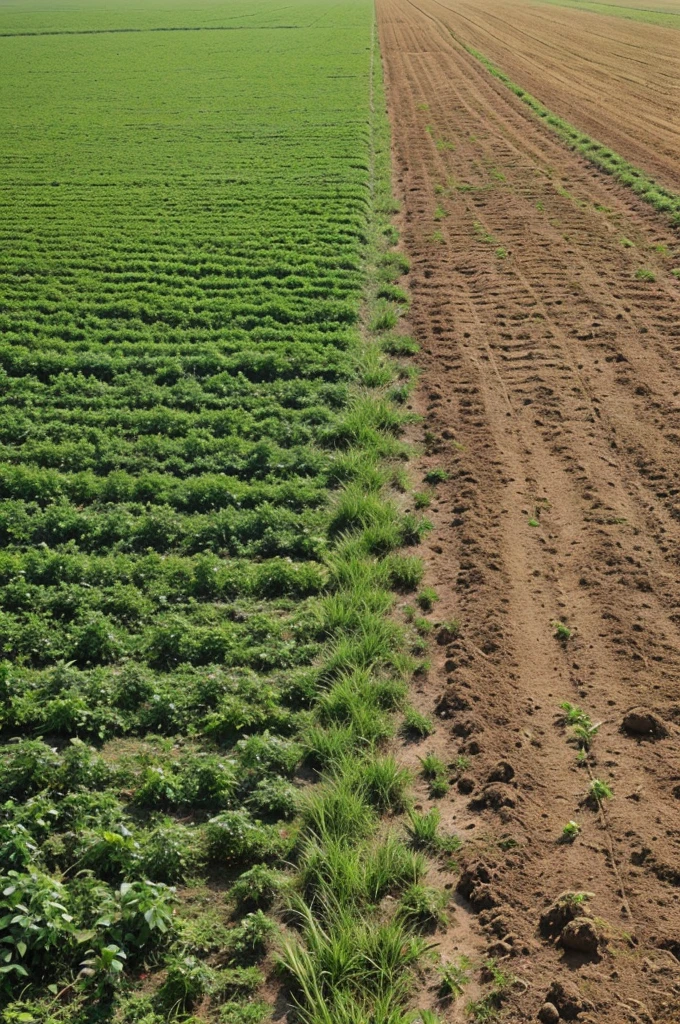 : A split image showing contrast: on one side, Ramu's flourishing new field with abundant crops; on the other side, his neighbor's struggling old field with sparse growth and damaged soil. Story Inspiration: This image emphasizes the difference in outcomes between Ramu, who embraced change and adapted to challenges, and his neighbor, who resisted change and struggled to recover from the damage caused by the rainstorm.