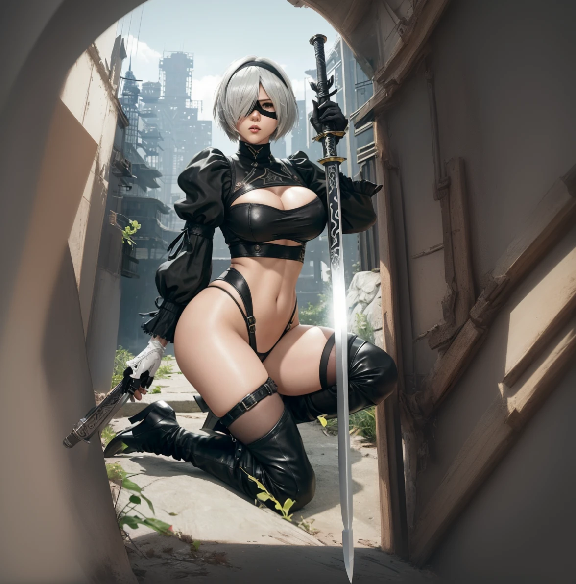 Anime girl with sword and black outfit posing for a photo、2B Nier オートマトン、Nier:Automaton Inspired、Nier オートマタ インスパイア、Nier オートマタの 2 B、Nier オートマタの 2b、2 b、Nier インスパイアー、Nier 2 b、Bad anime 8k、Nier、Female Assassin、8k high quality detailed art