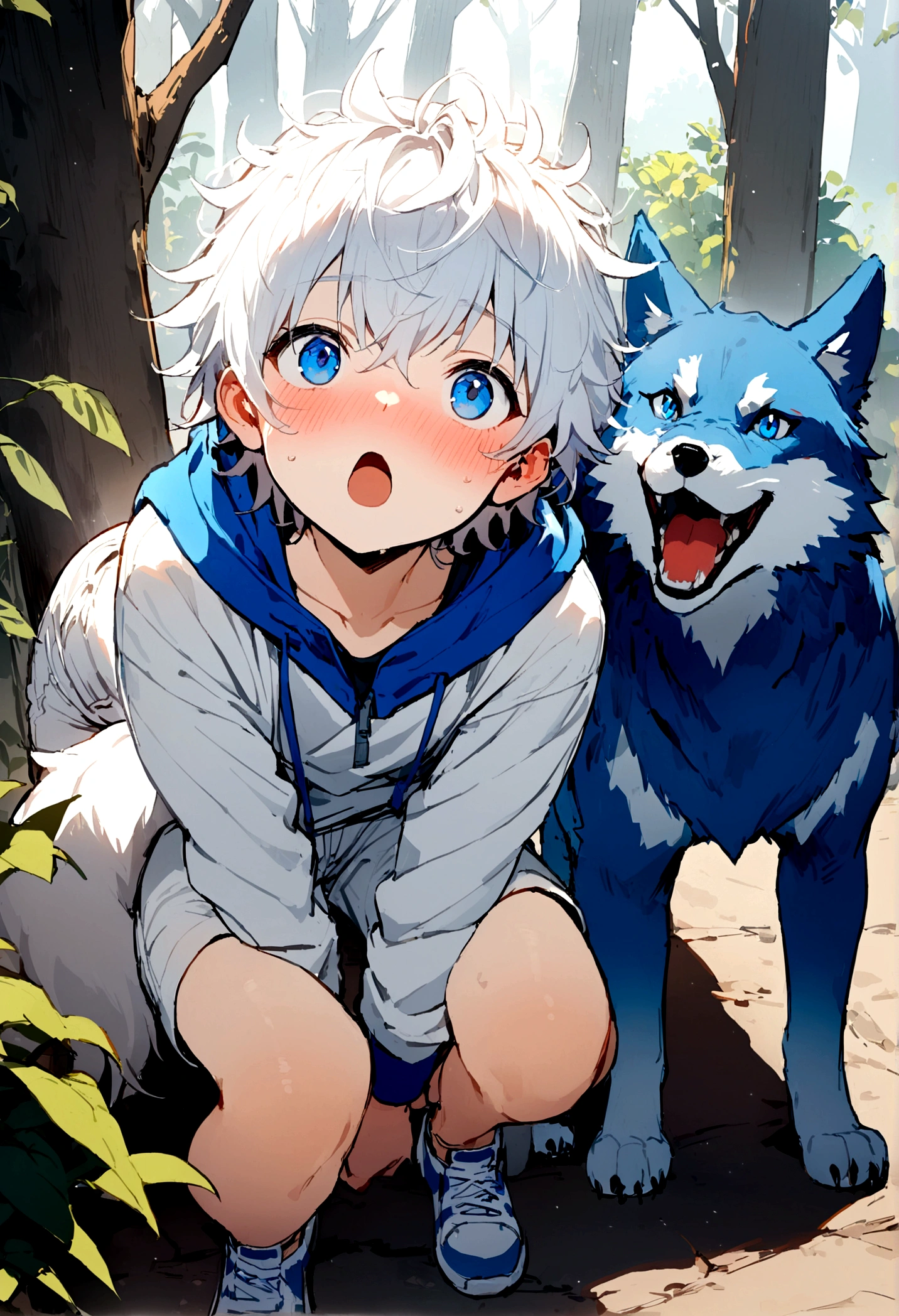 1 boy, Wolf, Blue fur, young people, blue eyes, Messy hair, Blue and white hair, short hair, masterpiece, Pure white shorts，Squat，Looking up at the camera，Put your feet in the center of the shot，blush，open mouth，Inhaling mist