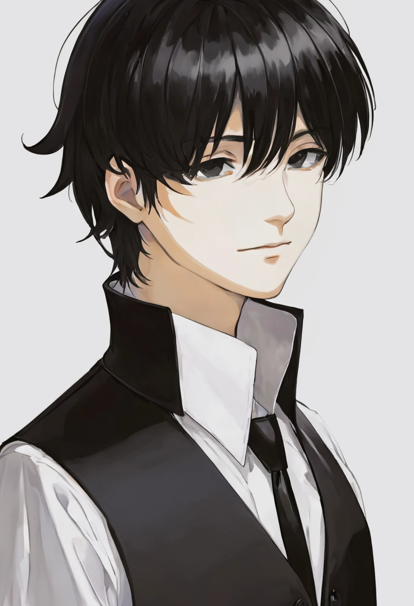 1 boy, black hair, short hair, black eyes, looking at viewer, standing, upper body, black vest, white dress shirt, long sleeves, no smile, simple white background, solo, (((best quality))), ((masterpiece))