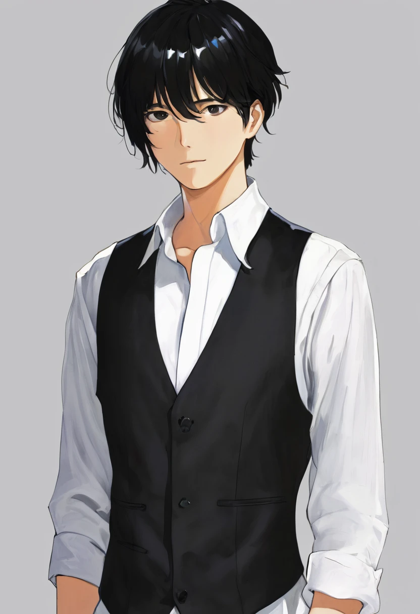 1 boy, black hair, short hair, black eyes, looking at viewer, standing, upper body, black vest, white dress shirt, long sleeves, no smile, simple white background, solo, (((best quality))), ((masterpiece))