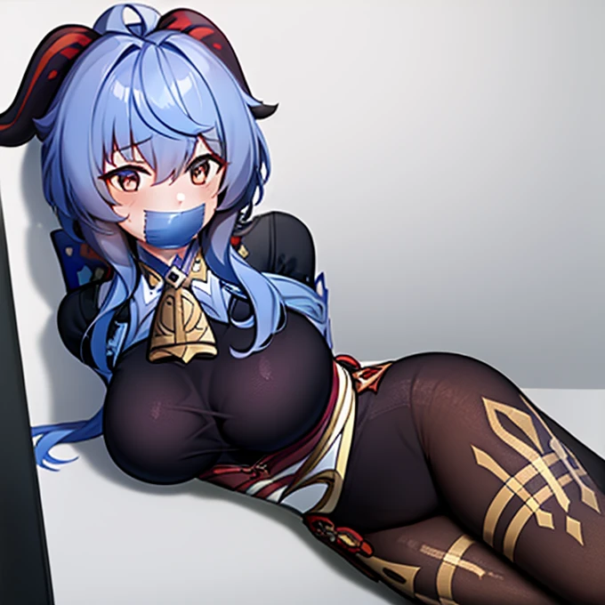 best quality, (masterpiece:1.2), highly detailed,
1girl, solo, nervous, ganyu \(genshin impact\), looking at the viewer, mouth gagged, mouth taped,
big breasts, wrists taped, arms taped, arms behind back,