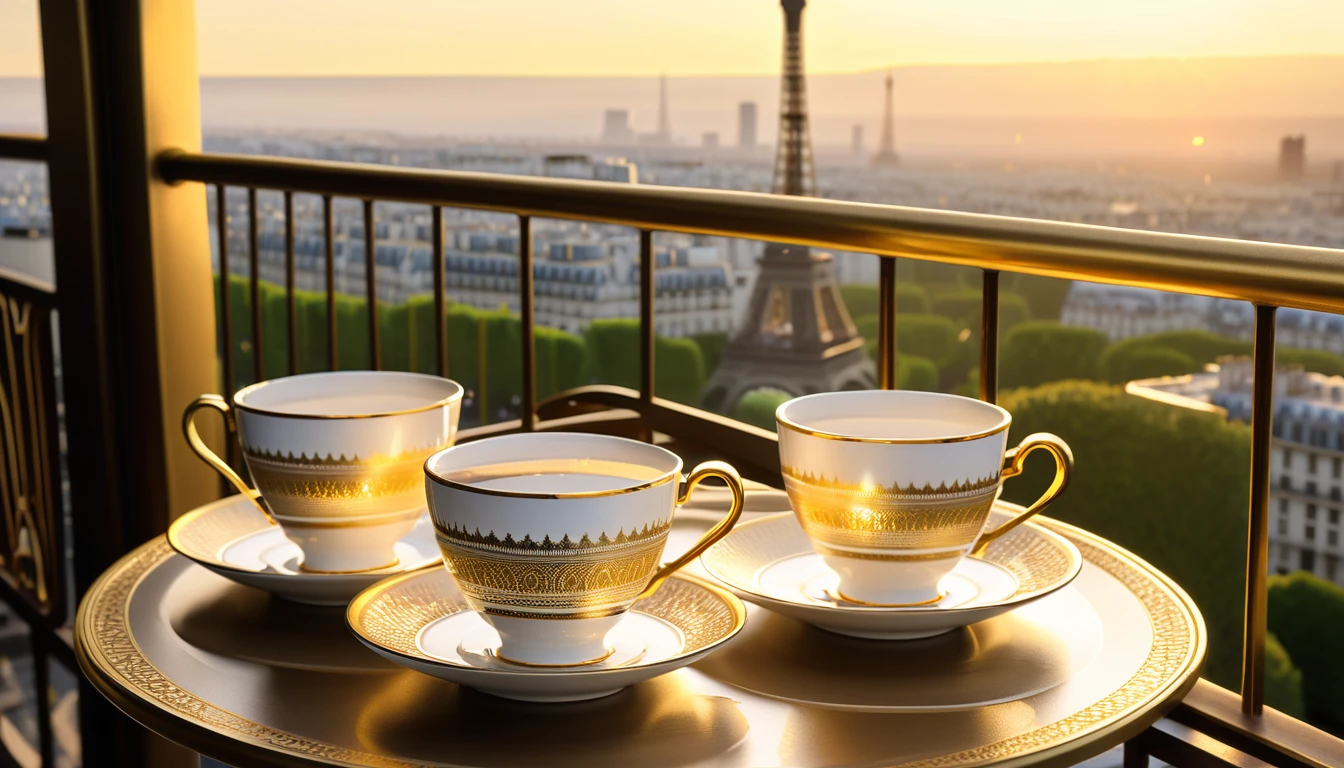 Porcelain cups with intricate gold designs, set on matching plates. The cup and saucer are placed on a table near the balcony railing, near eiffel tower in the background in the warm light of the rising sun. The state of liberty stands majestically in the distance, and the scene is framed by the early morning. ultra realistic, ultra hd, 8k, photography