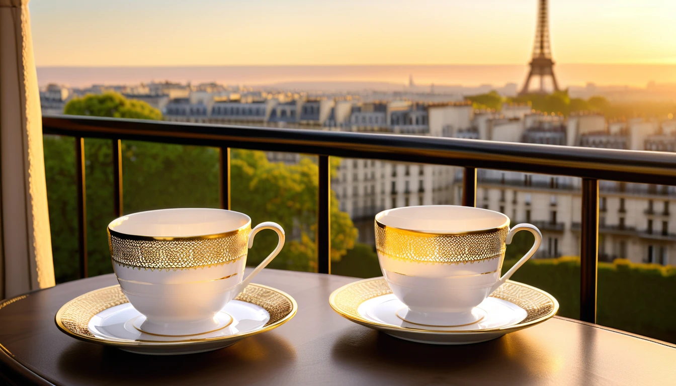 Porcelain cups with intricate gold designs, set on matching plates. The cup and saucer are placed on a table near the balcony railing, near eiffel tower in the background in the warm light of the rising sun. The state of liberty stands majestically in the distance, and the scene is framed by the early morning. ultra realistic, ultra hd, 8k, photography