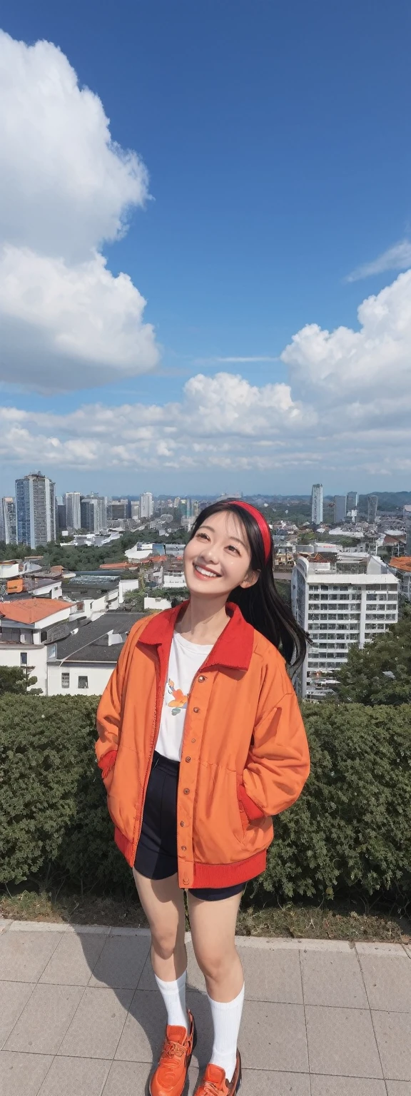 score_9, score_8_up, score_7_up,
solo Asian girl, outdoors, smiling, black hair, red headband, orange jacket, shoes, white socks, looking up at sky and clouds, birds flying, surrounded by leaves and buildings, wide shot from below, daytime