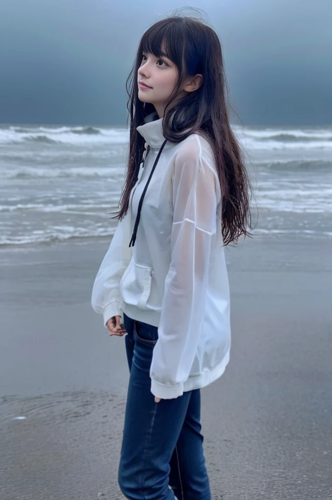 22year old beautiful girl、Highest image quality、realistic、16K、beautiful woman、long hair、With bangs、Pretty slim、heavy rain、While walking through the Beach in the rain、wet from heavy rain、Full body figure、Look up at the sky、Standing on the beach、heavy rain