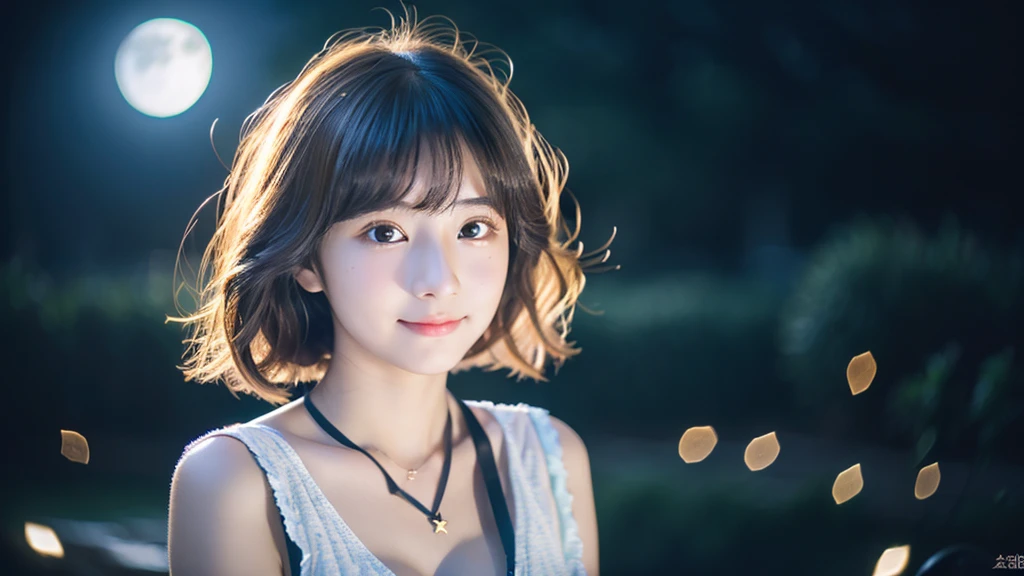 A very cute face like an idol、Looks like a young face、20-year-old female、Gentle and cute、Cleavage、Beautiful starry night、((The only light is from the moon))、(Dark Light)、RAW Photos、Genuine、((Quality indistinguishable from real life))、(Artistic Expression)、Real Stick、High resolution、masterpiece