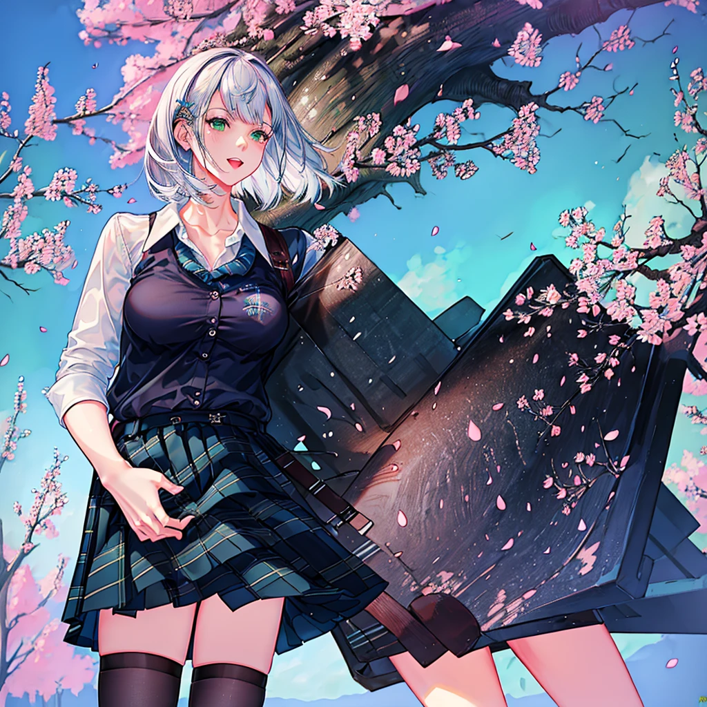 masterpiece, best quality, highres, ffnoel, short hair, x hair ornament, green eyes, blue bowtie, white shirt, collared shirt, black skirt, plaid skirt, pleated skirt, miniskirt, smile, outdoors, cherry blossoms, standing, cowboy shot, open mouth,