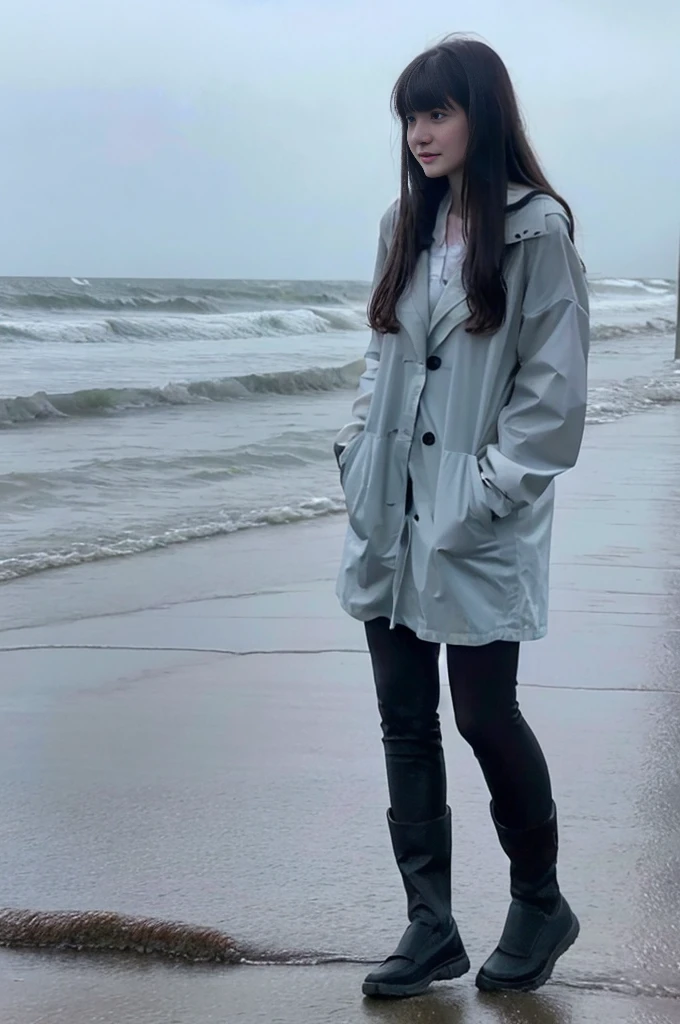 22year old beautiful girl、Highest image quality、realistic、16K、beautiful woman、long hair、With bangs、Pretty slim、heavy rain、While walking through the Beach in the rain、wet from heavy rain、Full body figure、Look up at the sky、sitting on the beach